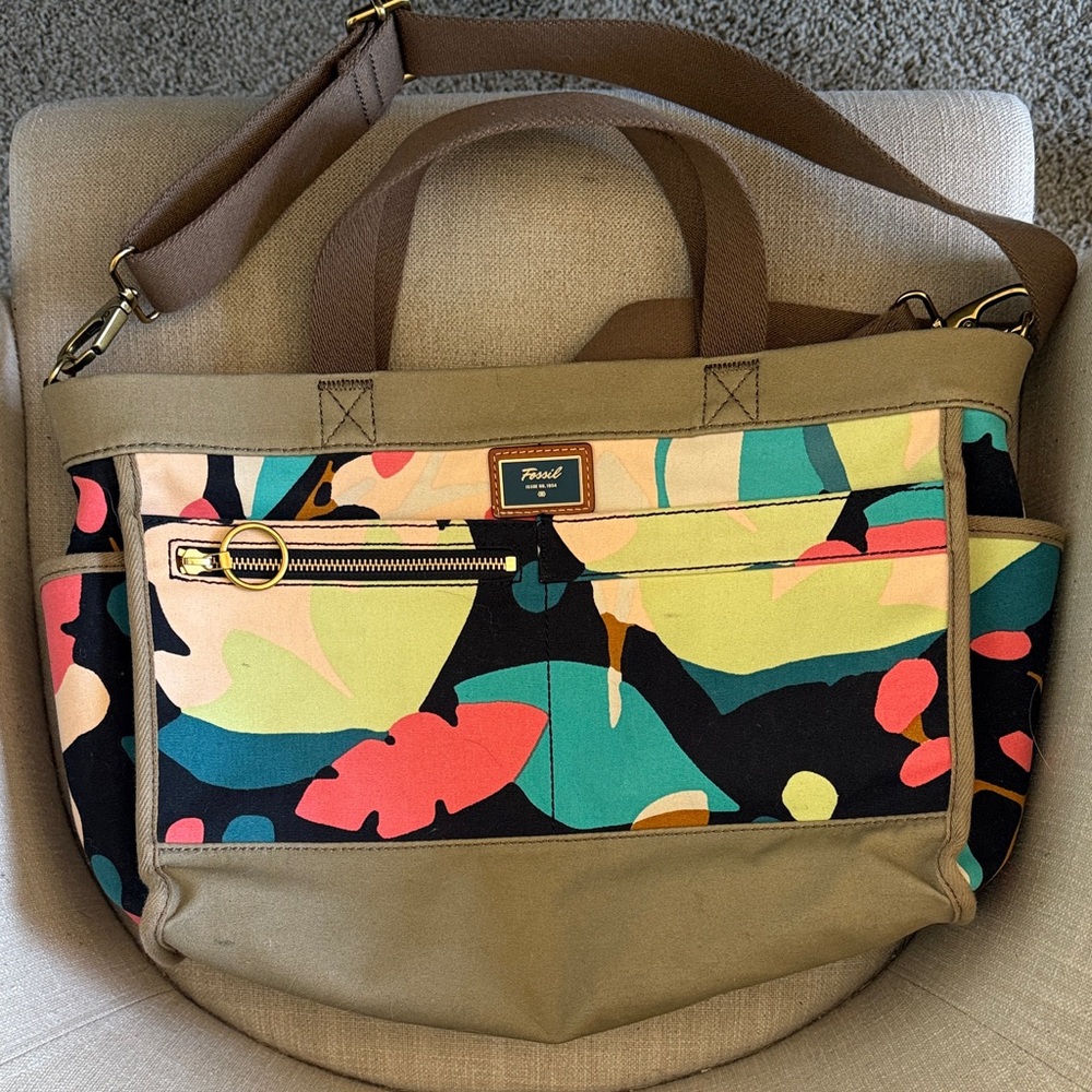 Fossil Multicolor Canvas Tote with Tan Accents